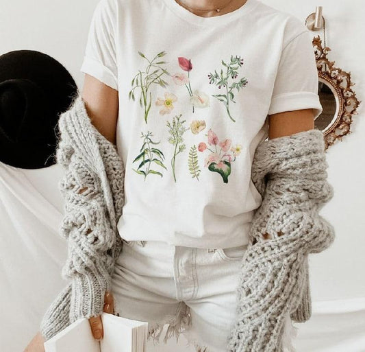Flower t-shirt / Gift for her / Women trendy tshirt / Spring concept / Wild meadow flower nature tee / Floral Tee / Gardener Botanical Shirt