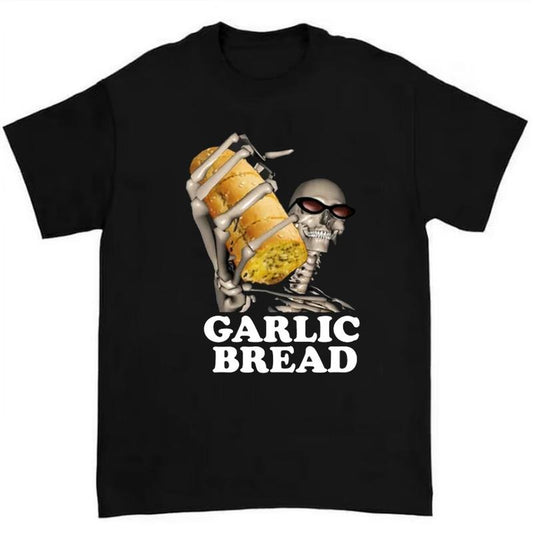 Garlic Bread Skeleton T-Shirt Highlighting Evil Skeleton Meme and Playful Garlic Bread Humor Style