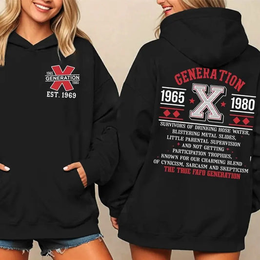 Gen X Proud Members Of Gen X New, Funny Hoodie Casual Street Style Fleece Fabric Pullover Hooded Sweatshirt Tops Trendy for Women