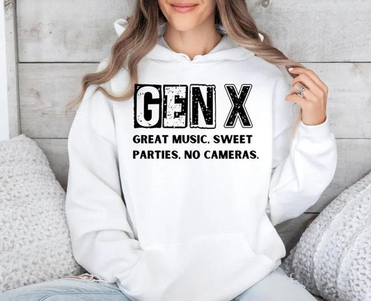 Gen X Tshirt Sweatshirt Hoodie, Nostalgic 80's Great Music Sweet Parties No Cameras Shirt, Generation X Funny Hose Water, Unisex Sweater Pullover Tee