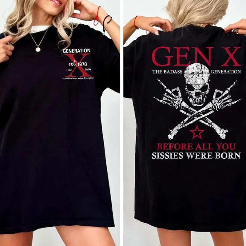 Gen X the Badass Generation Craxy Skeleton Shirt - Unisex Cotton Comfort Tee, Casual Black & Navy, 100% US Cotton, Short Sleeve - Top, Womenswear