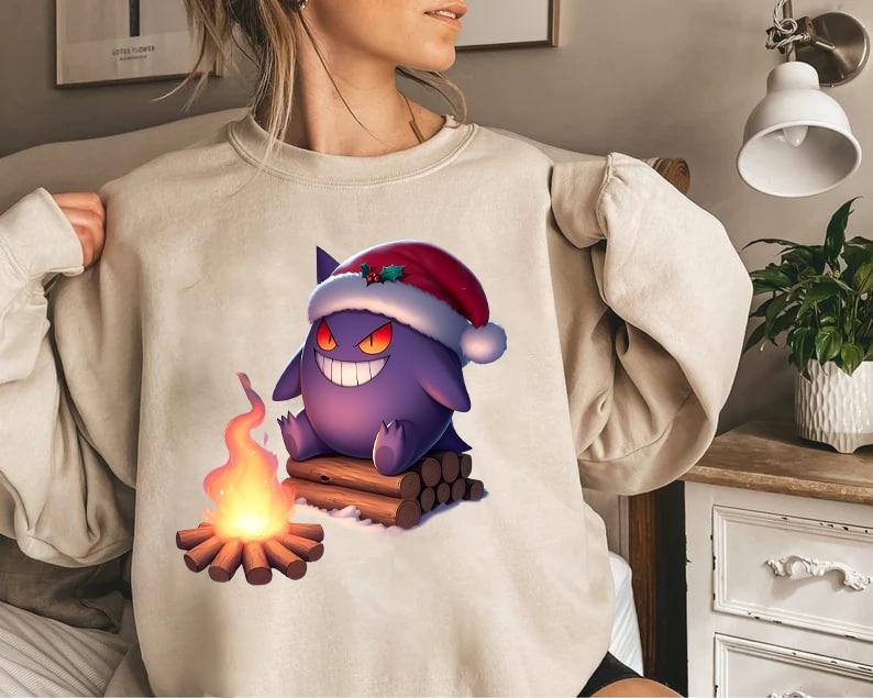 Gengar Christmas Sweatshirt, Gengar Santa Sweatshirt, Gengar Xmas Shirt, Pokemon Xmas Sweater, Pokemon Christmas, Dark Ghost Kaiju Japanese Style Sweatshirt | Japanese Anime Movie Film Nerd Gaming Novelty Funny Unisex Sweatshirts