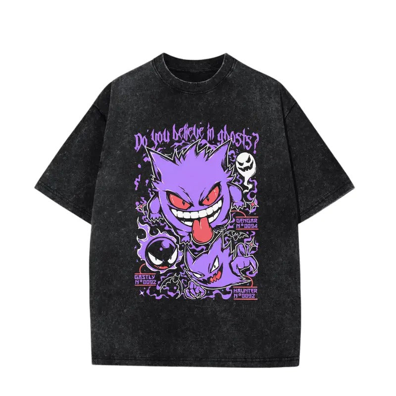 Gengar Ghastly Heavy Washed T-Shirt, Ghost Type element Silhouette, Video Game T-Shirt, Japanese Anime, Birthday Gift...