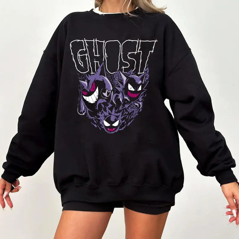 Gengar Ghost Sweatshirt, Gengar Sweatshirt, Dark Ghost Kaiju Japanese Style Sweatshirt, Japanese Anime Movie Film Nerd...