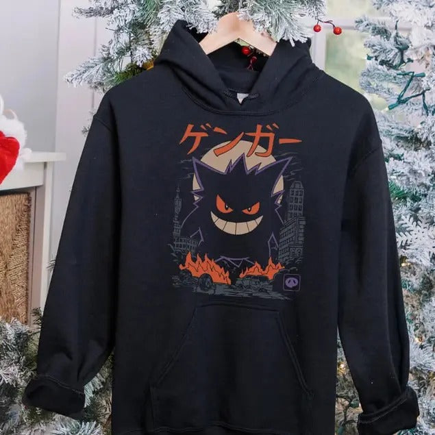 Gengar Hoodie |  Dark Ghost Kaiju Japanese Style Hoodie | Japanese Anime Movie Film Nerd Gaming Novelty Funny Unisex Sweatshirts |Gengar Japan Anime Sweatshirt