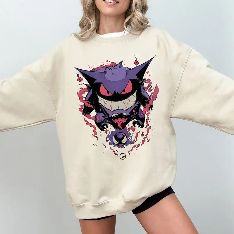 Gengar SWEATSHIRTS | Gengar Ghost Sweatshirt | Dark Ghost Kaiju Japanese Style SWEATSHIRTS | Japanese Anime Movie Film Nerd Gaming Novelty Funny Unisex Sweatshirts | Gengar Halloween Sweatshirt