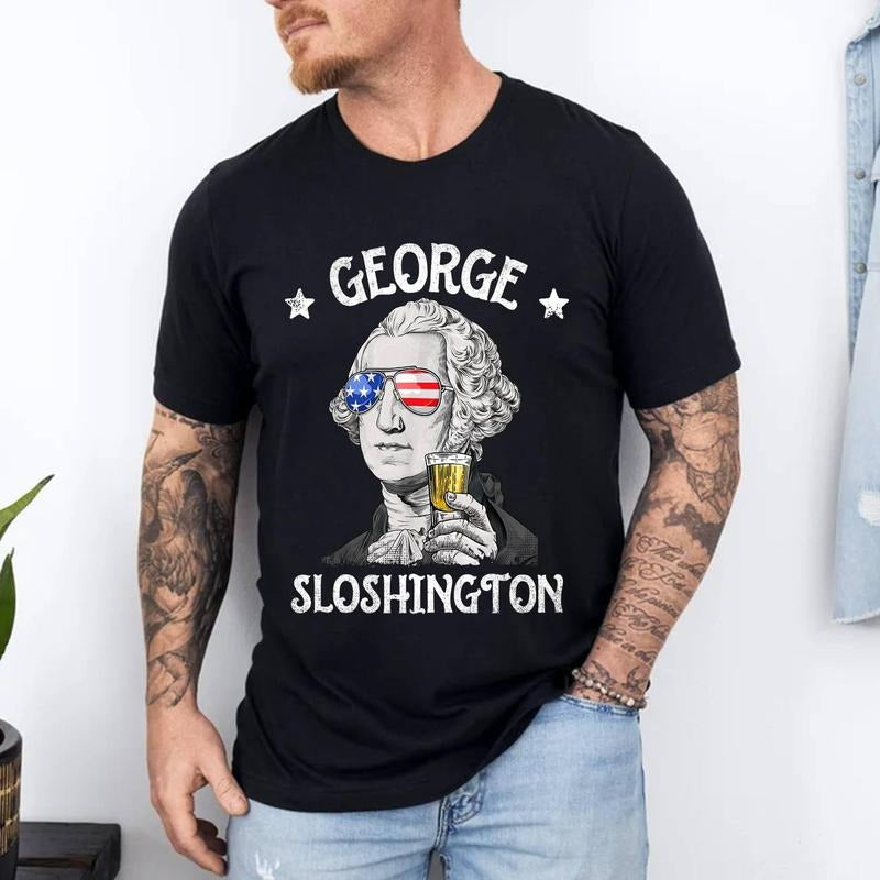 George Sloshington Washington 4th Of July Men Women USA Flag T-Shirt | Unisex Cotton Tee, Short Sleeve, Size S-3XL