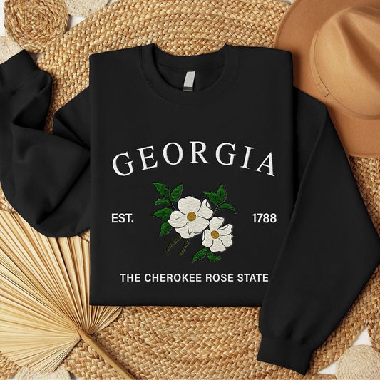 Georgia Wood Cherokee Rose Embroidered State Flower Sweatshirt, Hometown Embroidered Shirt, Favorite Flower Embroidered Shirt