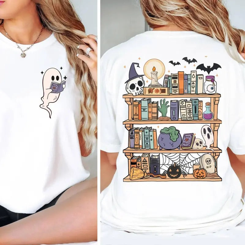 Gh0st Book Reader Two Sides Shirt, Halloween Library, Halloween Reading Tee, Skeleton Book Club, Reading Girl Shirts, Unisex Shirt, Casual Clothing
