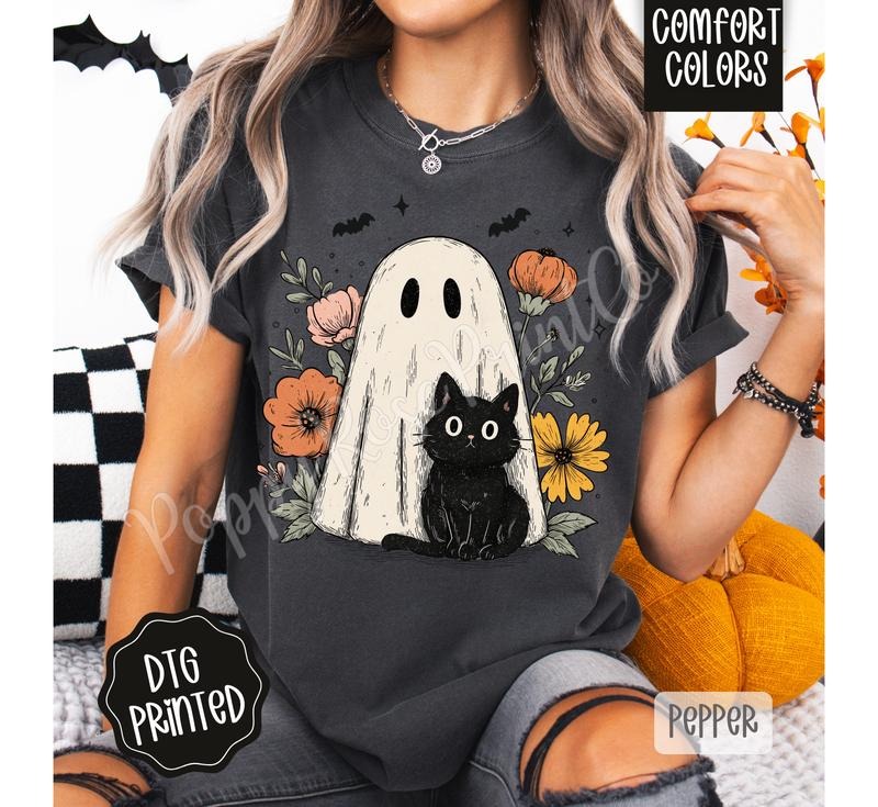 Ghost & Cat Comfort Colors, Trendy Women's Halloween Tshirt