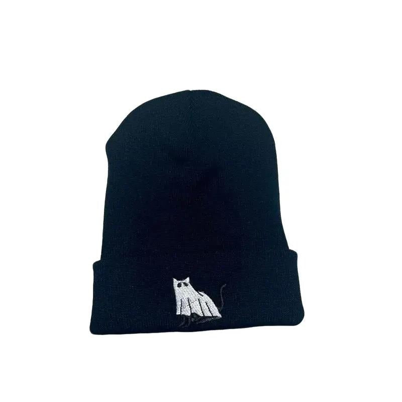 Ghost Cat Embroidered Beanie Halloween Embroidered Beanie Cotton 100% Acrylic Heather Grey Composition Adjustable Cuff 12" Knit