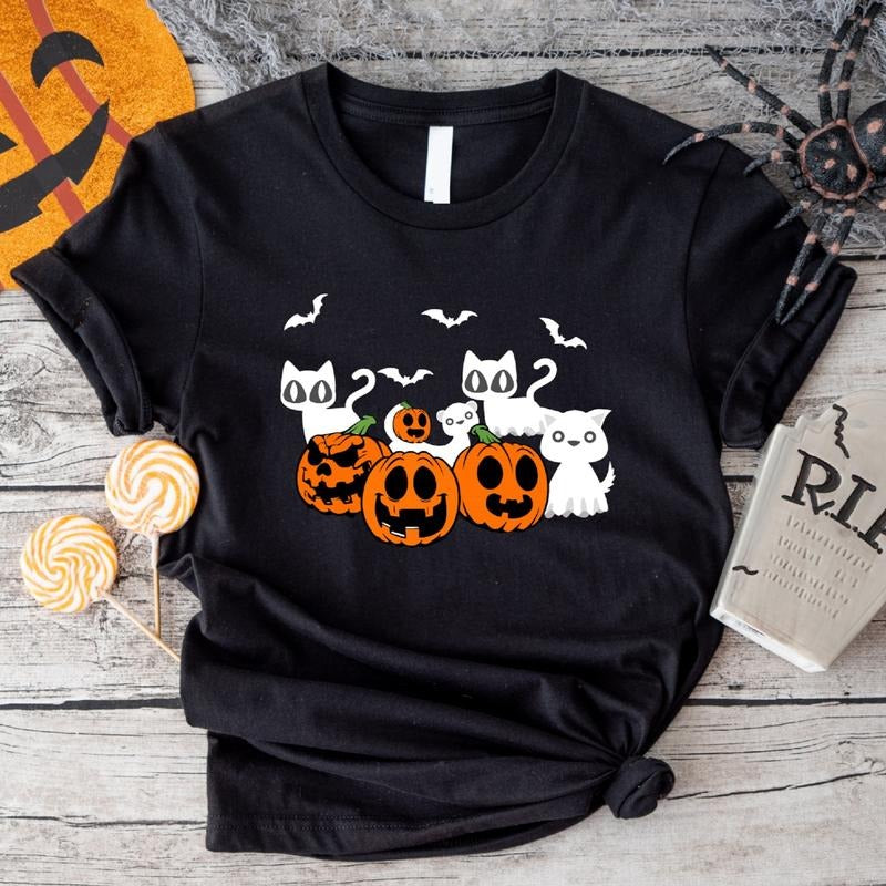 Ghost Cat Shirt, Black Cat And Pumpkin T-Shirt, Creepy Halloween Tee, Unisex Cat Lover Gift Shirt, Spooky Season Short Sleeve.