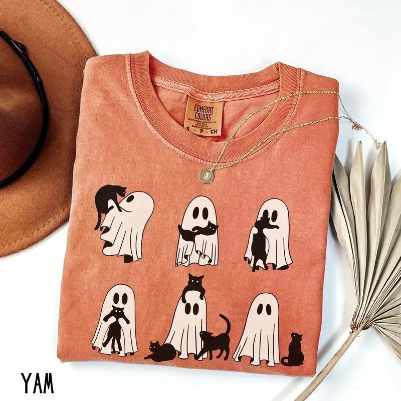 Ghost Cat Shirt, Comfort Colors Cat Ghost T-Shirt, Cute Cat Lovers Shirt, Retro Ghost Halloween, Halloween Cat T-shirt, Spooky Season Gift