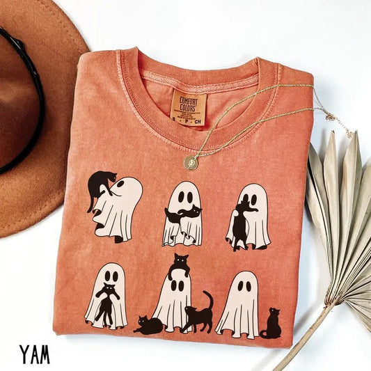 Ghost Cat Shirt, Comfort Colors Cat Ghost T-Shirt, Cute Cat Lovers Shirt, Retro Ghost Halloween, Halloween Cat T-shirt, Spooky Season Gift
