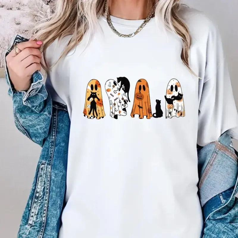 Ghost Cat Shirt, Halloween Ghost Shirt, Black Cat Shirt, Spooky Season, Cat Lover Gift, Halloween Gift, Retro Cat Mom Shirt, Unisex Short Sleeve Tee Shirt, Casual Clothing