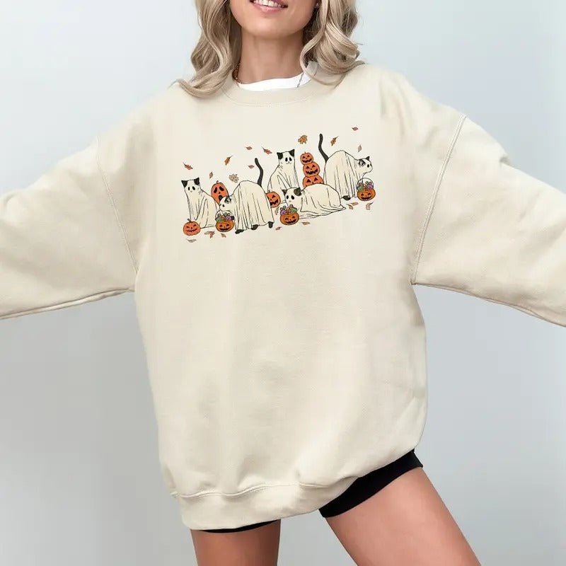 Ghost Cats Sweatshirt, Halloween Hoodie, Cat Sweater, Halloween Cat Shirt, Halloween Sweater, Black Cat Shirt, Ghost Sweater