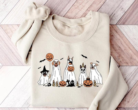 Ghost Dog Sweatshirt - 2024 Halloween Sweater, Long Sleeve, Retro Spooky Season, Bestie Wetsuit Crewneck, Menswear Hoodie Tops
