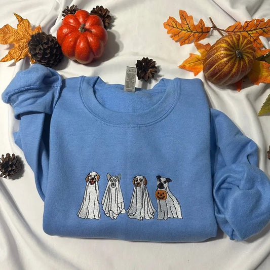 Ghost Dogs embroidered sweatshirt; Halloween embroidered crewneck; Spooky season casual sweaters Casual Plain