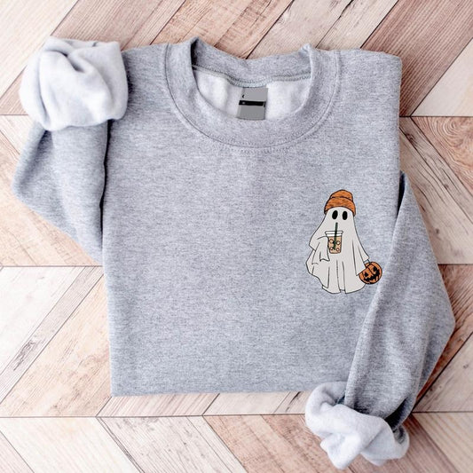 Ghost Drinking Coffee Sweatshirt, Cute Boo Pocket Size Shirt, Ice Coffee Lover Gift T-shirt, Spooky Season Sweater, Pumpkin Pocket Size Hoodie.