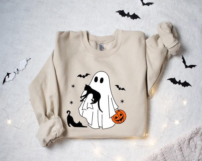 Ghost Holding Black Cat Halloween Sweatshirt, Halloween Sweatshirt, Ghost Sweatshirt, Black Cat, Fall Sweatshirt For Women, Spooky Season