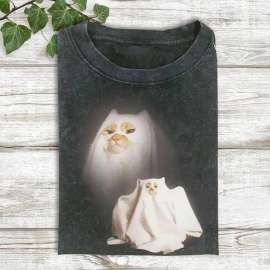 Ghost Kitten Shirt, Vintage Halloween Cat Graphic Tshirt, Funny Meme Cringe Shirt, Cat Halloween Shirt, Spooky Season Cat Tee