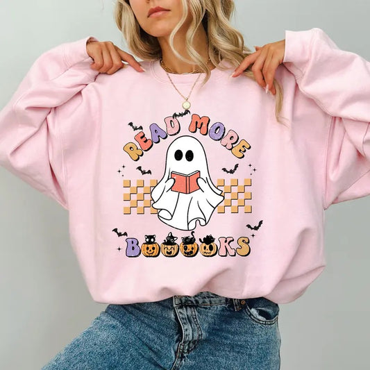 Ghost Read More Books Sweatshirt, Cute Bookish Halloween Sweatshirt For Girls, Reading Boos Teacher Crewneck, Cute Halloween Ghost Sweater, Librarian Sweatshirt, Comfy Long Sleeve Pullover, Women's Tops, Fall Casual Womenswear, Comfort Cotton Fabric