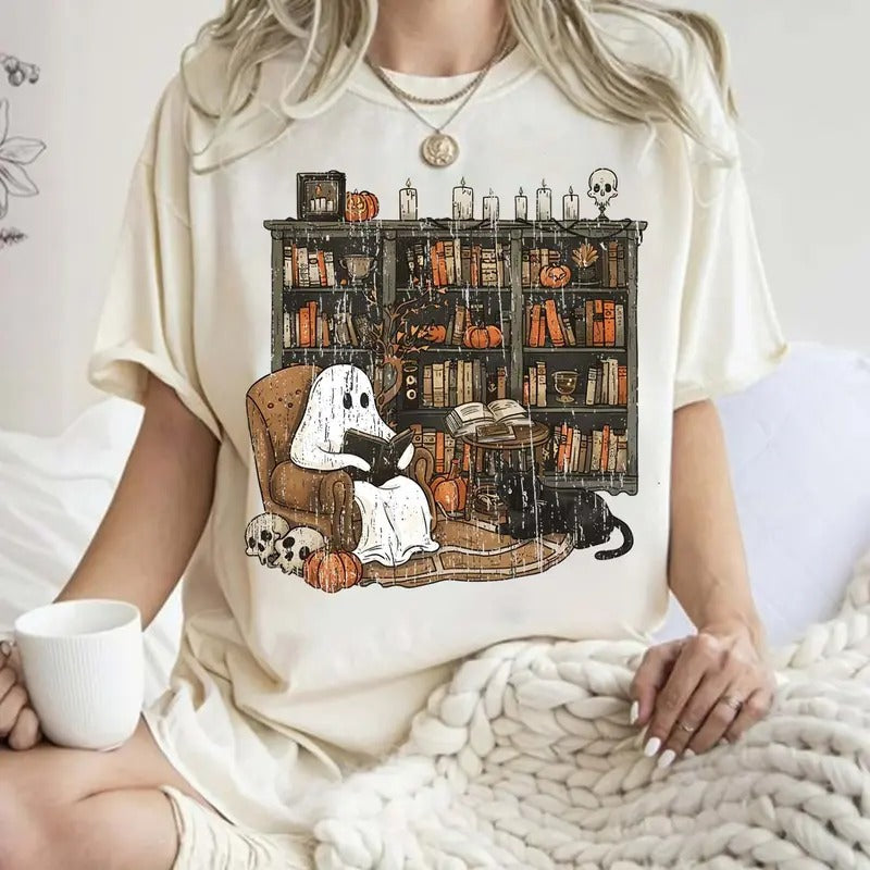 Ghost Reading Book T-Shirt, Halloween Bookshelf T-Shirt, Ghostly Bookish T-Shirt, Black Cat and Book , Cute Ghost Book Cotton Tee