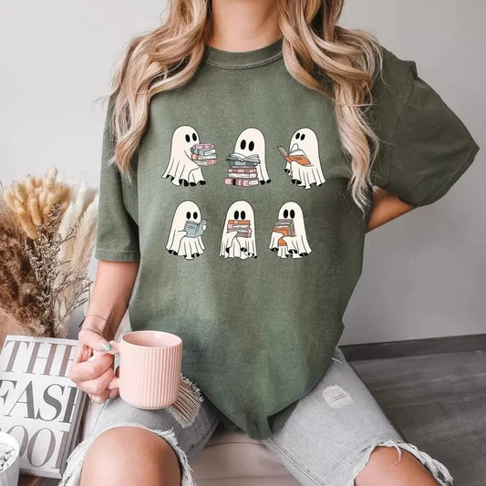 Ghost Reading Books Shirt, Halloween Comfort Colors Shirt, Teacher Halloween Shirt, Halloween Librarian Gift Top Womenswear