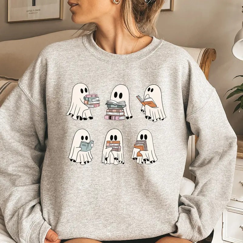 Ghost Reading Books Sweater, Bookish Halloween Sweatshirt, Halloween Teacher Gift, Librarian Halloween Hoodie, Ghost Crewneck style 02