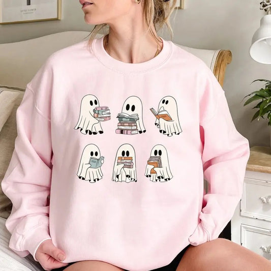 Ghost Reading Books Sweater, Bookish Halloween Sweatshirt, Halloween Teacher Gift, Librarian Halloween Hoodie, Ghost Crewneck,Trendy Top,tshirt best selling 2024
