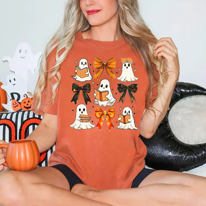 Ghost Reading Shirt, Coquette Halloween Sweatshirt, Bow Ghost Shirt, Book Lover Tshirt, Coquette Ghost Sweatshirt, Ghost...