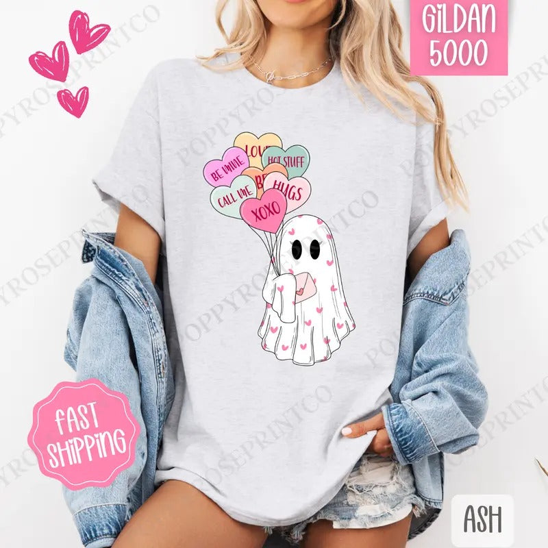 Ghost Valentine Shirt Gildan, Valentine's Day Women's Tee, Cute Women's Tshirt Plus Sizes Hoodie, Sweatshirt | DripVista.com