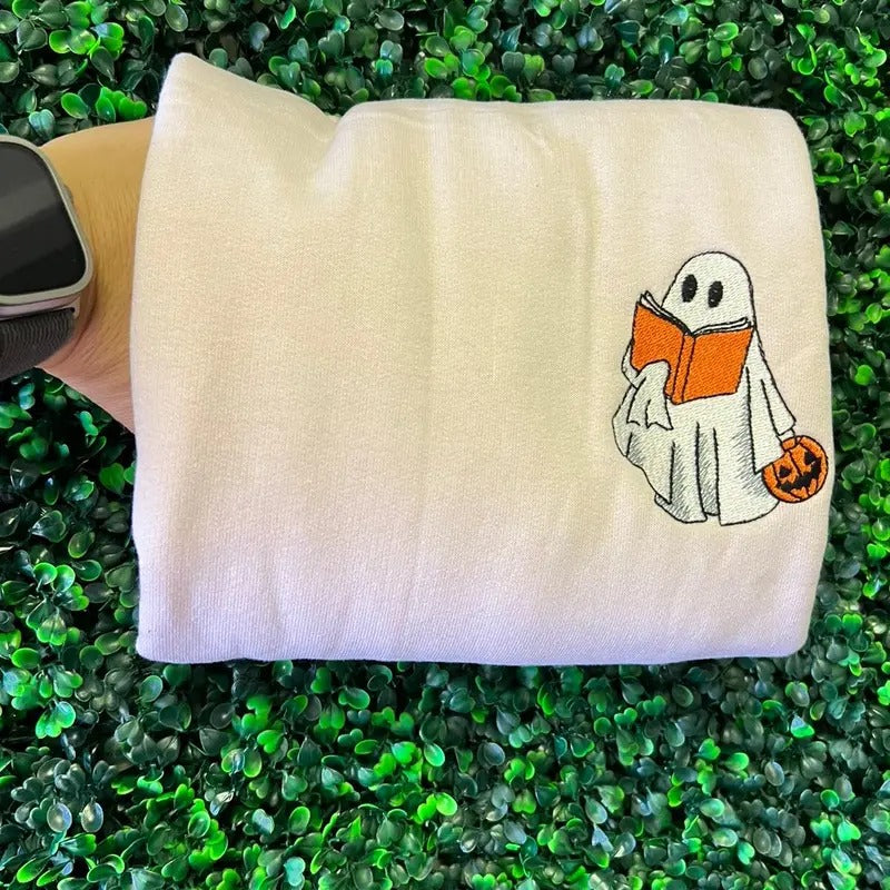 Ghost reading embroidered sweater T-Shirts, Hoodie, Sweatshirt | DripVista.com