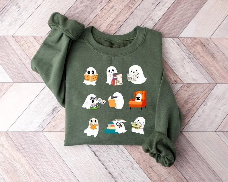 Ghosts Books Sweatshirt,Teacher Halloween Shirt,Halloween Ghost Reading Books Shirt,Book Lovers Tshirt,Halloween School Shirt