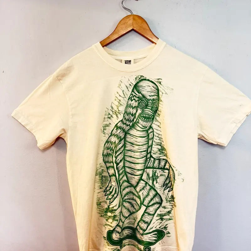 Giant  Creature Hand printed  Woodcut T Shirt Menswear Cotton Top Streetwear Casual