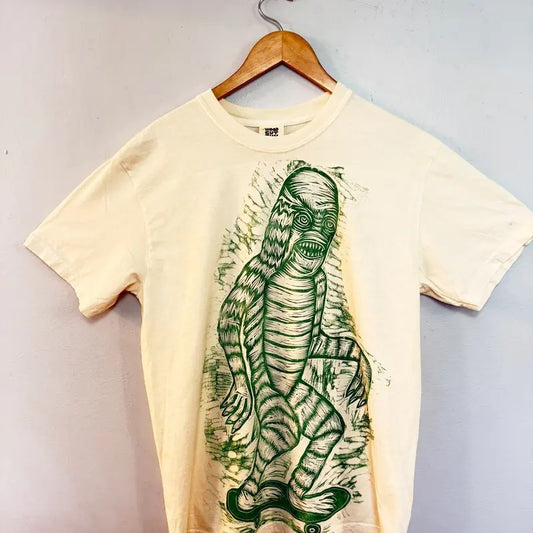 Giant  Creature Hand printed  Woodcut T Shirt Menswear Cotton Top Streetwear Casual