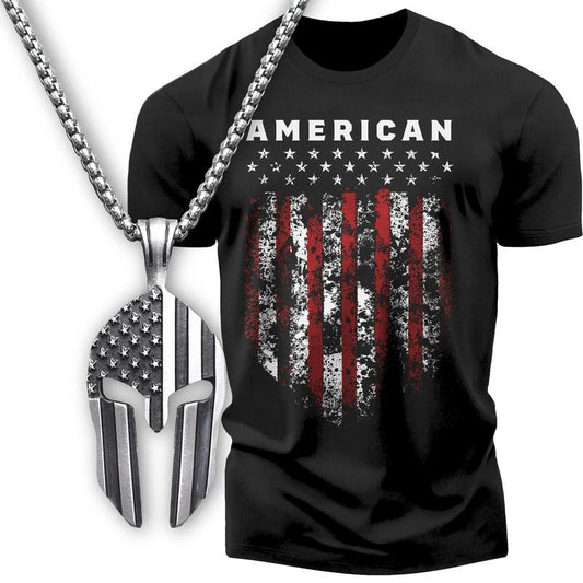 Gift Set for Men American Shield Funny Workout Gym T-Shirt with Spartan Warrior Pendant Soft Cotton Menswear