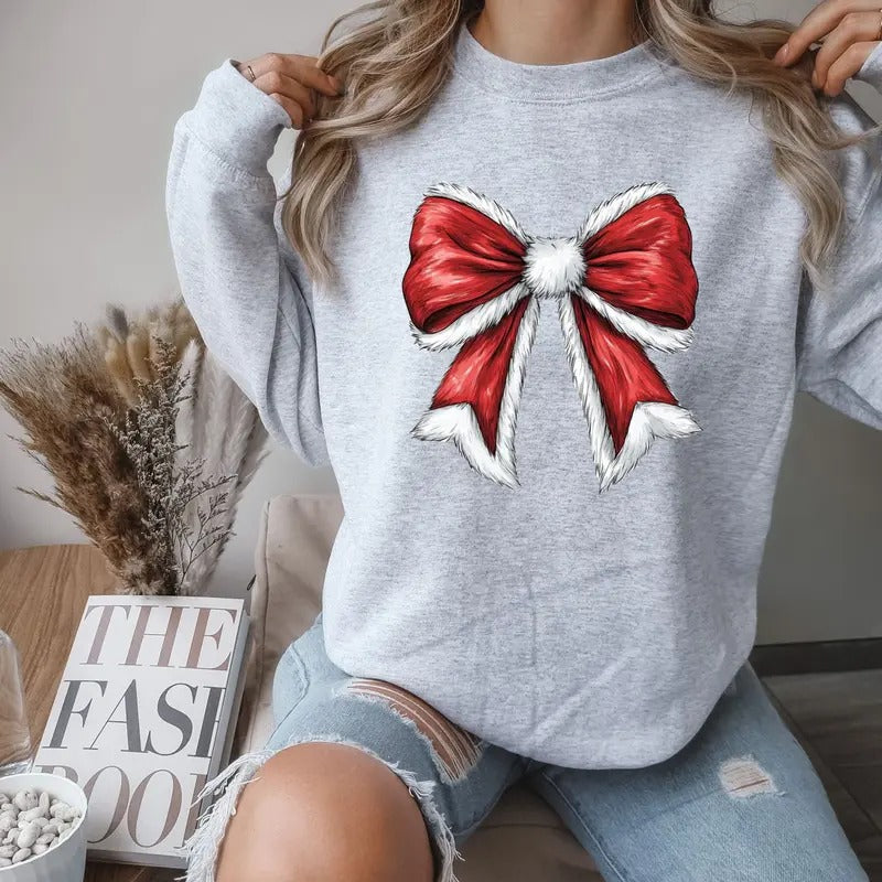 Gildan Christmas Santa Bow Crewneck Sweatshirt Comfortable Fit Loose Womenswear Cute Casual Long Sleeve Tops Soft Material Festive Design