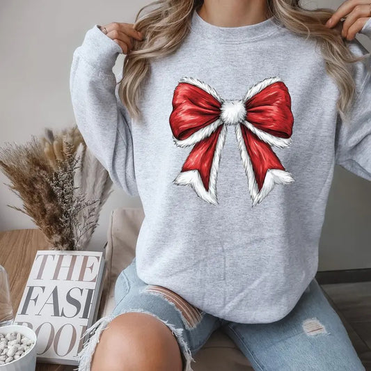 Gildan Christmas Santa Bow Crewneck Sweatshirt Comfortable Fit Loose Womenswear Cute Casual Long Sleeve Tops Soft Material Festive Design