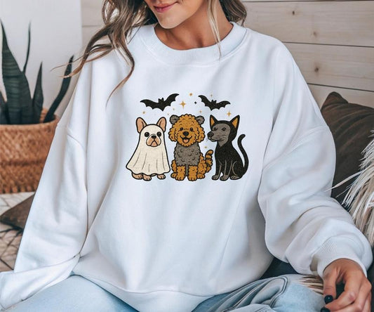 Gildan Cute Halloween Dogs Crewneck Sweatshirt - Comfortable Fit Bold Statement High-Quality Cotton-Polyester Blend Gray Color Loose Casual Women's Tops with "Witches Brew" Design