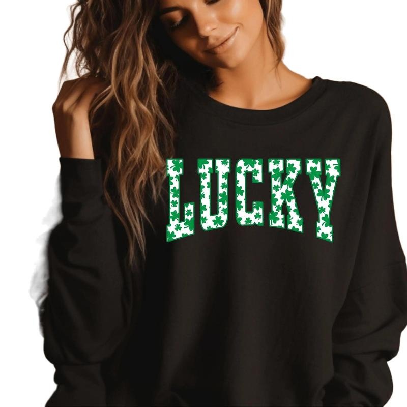Gildan Lucky Green Shamrock Crewneck Sweatshirt for Women Winter Casual Fitted Long Sleeve Medium Length Comfortable...