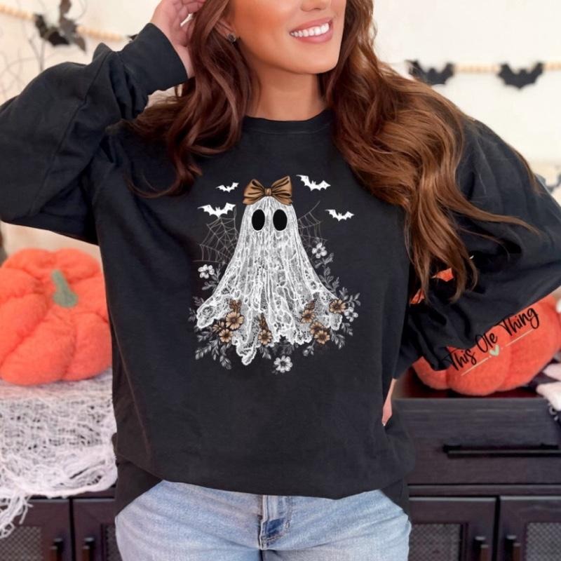Gildan Women'WB shield Cute Ghost Lace Crewneck Pullover Sweatshirt with Spooky Design & Bow Detail for Halloween Costume...