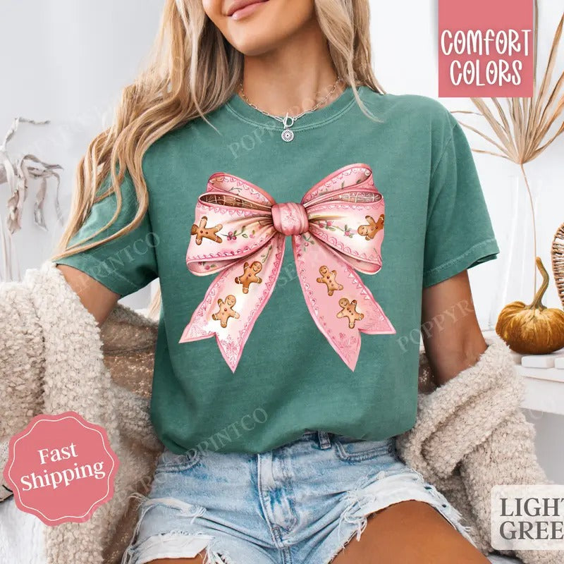 Gingerbread Bow Shirt Holiday Tshirt,  Women's Holiday Tee Hoodie, Sweatshirt | DripVista.com