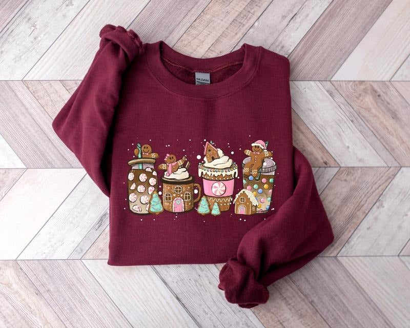 Gingerbread Christmas Drinks Sweatshirt, Christmas Coffee Drinks Sweater, Women Holiday Gingerbread Tee Shirt, Christmas...