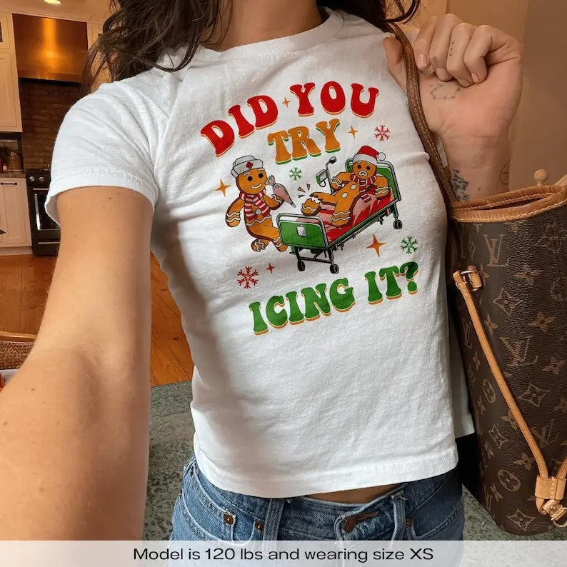 Gingerbread Xmas Baby Tee - Funny Y2k Santa Christmas 90s Vintage Aesthetic Shirt for Babies - Premium Cotton, Classic Fit, Round Neck, Short Sleeve Top.