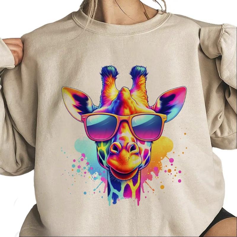Giraffe With Sunglasses Sweatshirt Unisex Neon Wild Animal Trendy T-Shirt Hooodie Cotton Womenswear Hoodie | DripVista.com