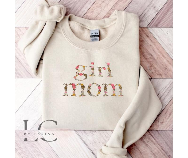 "Girl Mom" Floral Print Embroidered Sweatshirt - Mother's Day Gift - Custom Floral Mom Jumper
