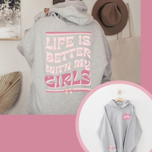 Girl Mom Hoodie - Two Sided with Sleeve Design - Girl Mom Sweatshirt, Pullover Pink Bow Hoodie for Girl Mamas, Mom sweatshirts for Girl Mom, Loose Fit