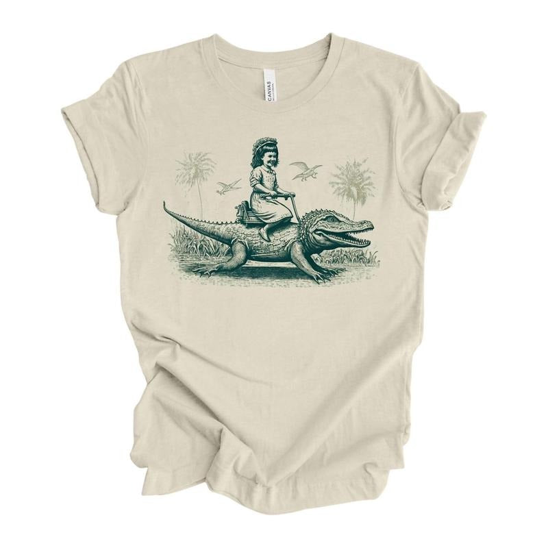 Girl Riding an Alligator Shirt, Weird Graphic T Shirt for Men Woman, Retro Vintage Style, Cute and Funny Graphic Tee,...