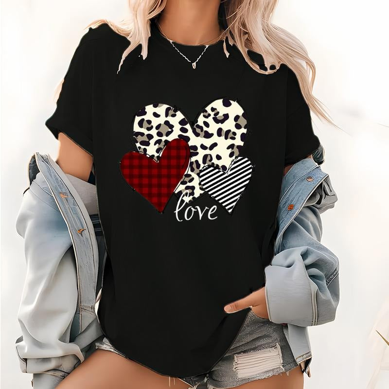 Women'WB shield Casual Short Sleeve T-Shirt- Leopard Print Plaid Stripes Heart Pattern, Round Neck Spring Summer Top,...